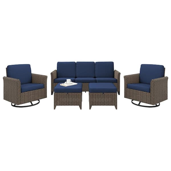 5-Piece Wicker Outdoor Pation Conversation Sofa Set Chaise Lounge with Blue Cushions