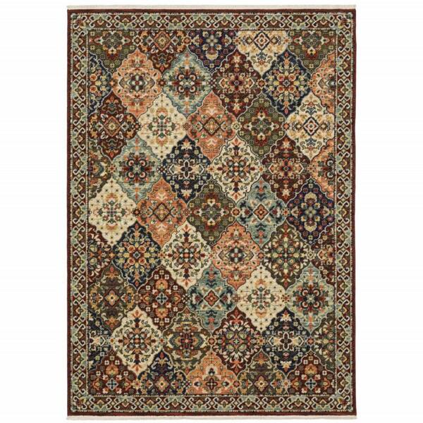 HomeRoots Red Rust Navy Light Blue Brown Orange Ivory and Gold 2 ft. x 3 ft. Oriental Power Loom Stain Resistant Fringe Area Rug