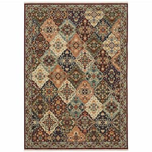 Red Rust Navy Light Blue Brown Orange Ivory and Gold 2 ft. x 3 ft. Oriental Power Loom Stain Resistant Fringe Area Rug