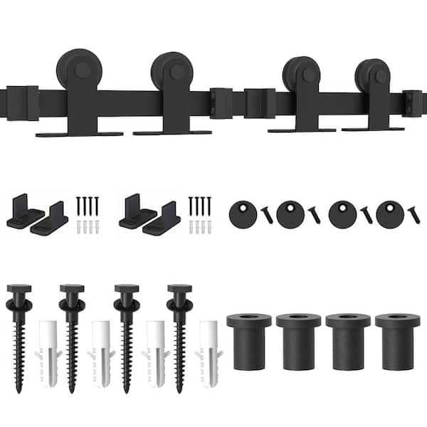 WINSOON 5 ft./60 in. Top Mount Sliding Barn Door Hardware Track Kit for Double Doors with Non-Routed Floor Guide Frosted Black