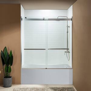 Nutley 60 in. W x 62 in. H Double Sliding Frameless Shower Door in Brushed Nickel with Shatter Retention Glass