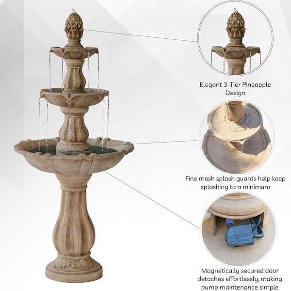 XBrand 51 in. Beige 3-Tier Pineapple Water Fountain with Pump - Large Outdoor Garden Feature