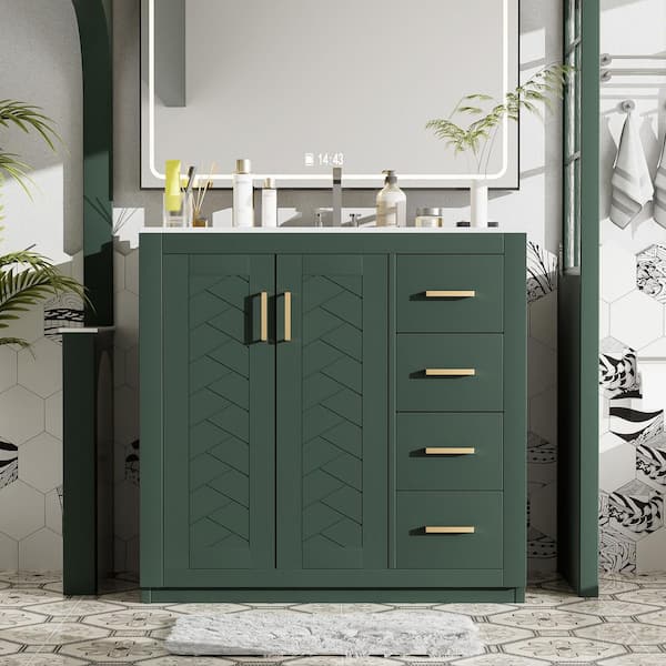 36 in. Freestanding Single Sink Green Bath Vanity with White Ceramic Top