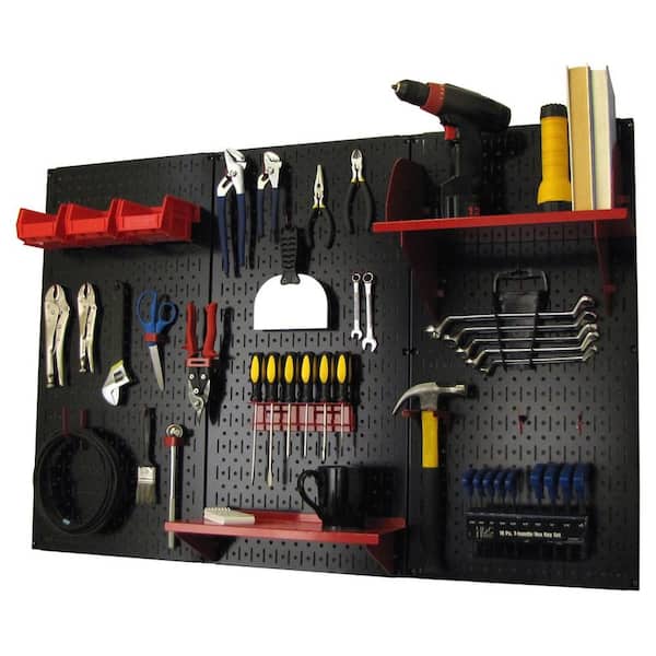 Wall Control 4ft Metal Pegboard Standard Tool Storage Kit - Black Toolboard & Red Accessories