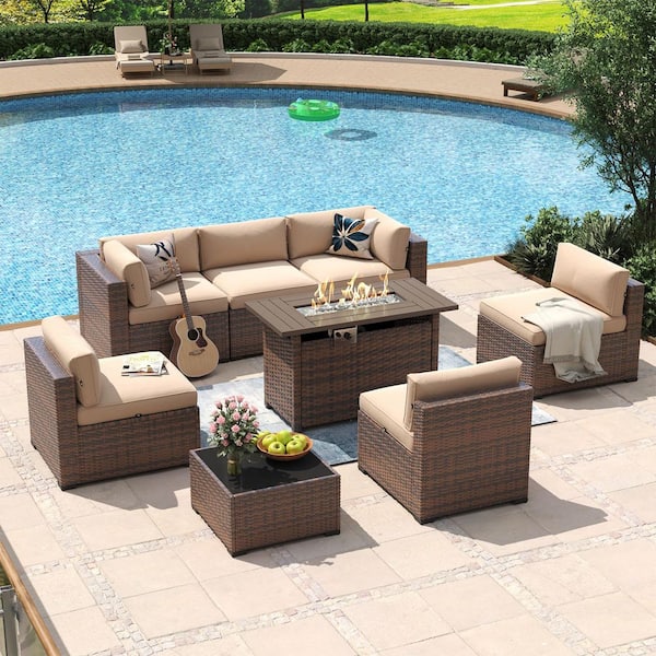 Sizzim Grown 7-Piece Wicker Rattan Outdoor Sectional Set with Cushions, Coffee Table and Set Cover