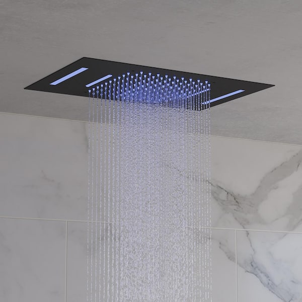 15-Spray 23 in. L x 15 in. W LED Flush Ceiling Mount Waterfall Fixed and Handheld Shower Head in Matte Black