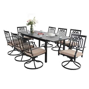 Black 9-Piece Metal Patio Outdoor Dining Set with Expandable Table and Swivel Chairs with Beige Cushions
