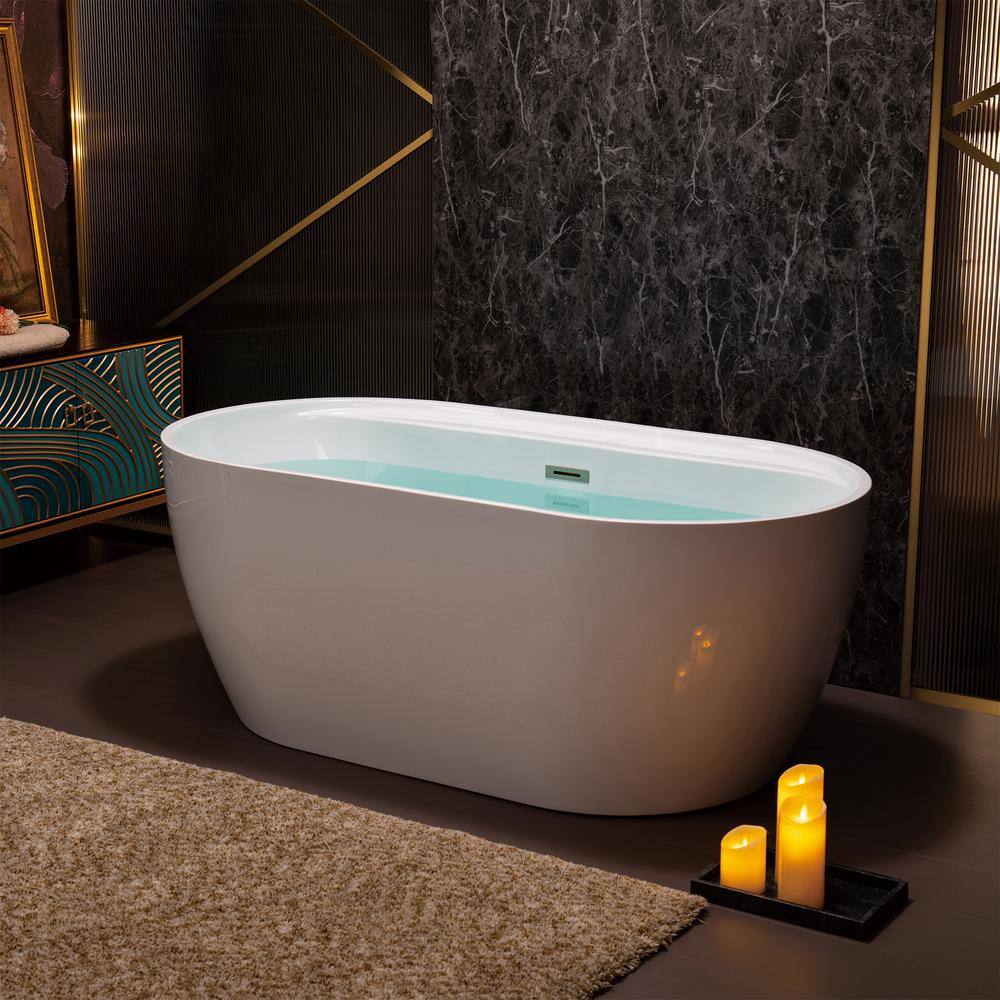 59" White Acrylic Freestanding Soaking Bathtub with Brushed Nickel Trim