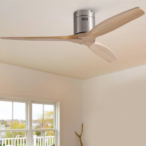 Elysian 52 in. Indoor Silver Flush Standard Ceiling Fan without Light, Remote Control Included and Light Wood Blades