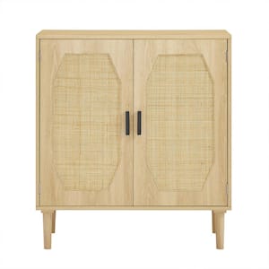 31.5 in. W x 15.8 in. D x 34.6 in. H Natural Yellow Linen Cabinet with Rattan Decorative Doors, Buffets, Wine Cabinets