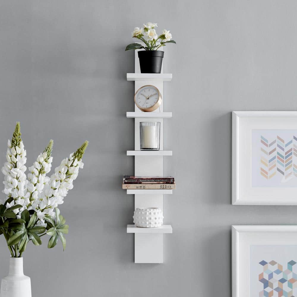 White 5-Tier Floating Wall Shelf for Living Room or Bedroom