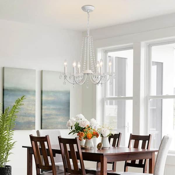 6-Light White Traditional Candle Style Crystal Chandelier for Dining Room Living Room with No Bulbs Included