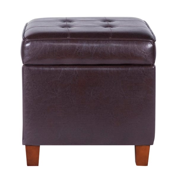 Benjara Brown Faux Leather Square Storage Ottoman