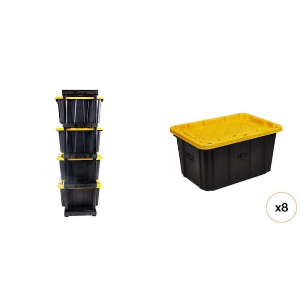 48 in. 5-Tier Black Garage Shelving Unit (75 in. H x 20 in. D) and 27 Gal. Black and Yellow Storage Tote (8-Count)