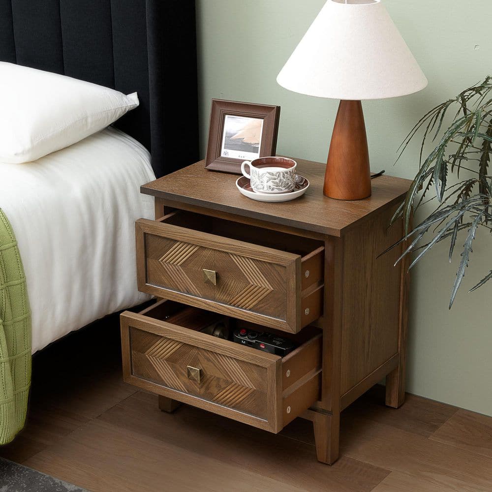14 in. Rustic 2‑Drawer Wooden Brown Nightstand, Geometric Wood Inlay Bedside Storage End Table for Bedroom