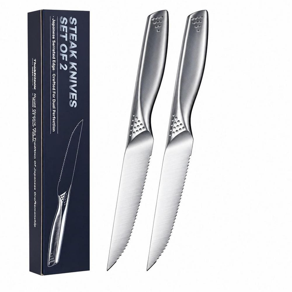 4.5 in. Japanese Stainless Steel Full Tang Serrated Steak Knife with Ergonomic Handle Set of 2 Dishwasher Safe