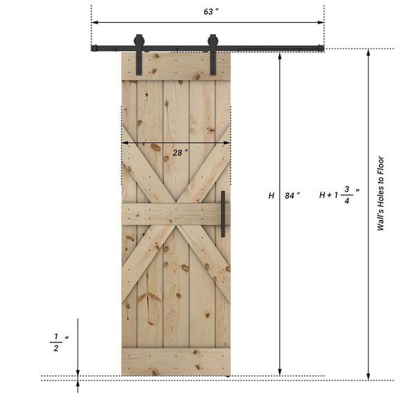 Dessliy Mid X Series 28 in. x 84 in. Fully Set Up Unfinished Pine Wood Sliding Barn Door With Hardware Kit