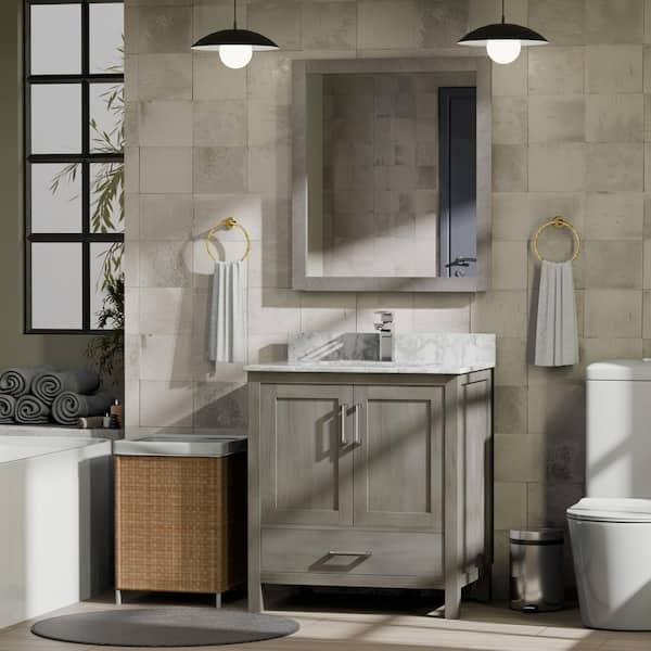 Jacques 30 in. W x 22 in. D Distressed Grey Bath Vanity, Carrara Marble Topand 28 in. Mirror