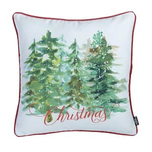 Decorative Christmas Trees Single Throw Pillow Cover 18 in. x 18 in. White and Green and Red Square for Couch, Bedding