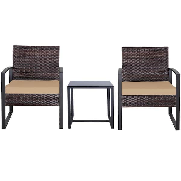 Zeus & Ruta 3-Piece Brown Wicker Outdoor Bistro Set with Brown Cushions and Side Table for Porch Backyard