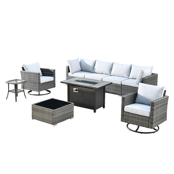 Sanibel Gray 9-Piece Wicker Outdoor Patio Conversation Sofa Sectional Set with a Metal Fire Pit and Light Gray Cushions