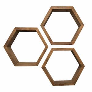 Hexagon 4 in. x 11.75 in. x 10.13 in. Walnut Floating Wall Shelves 3-Pack