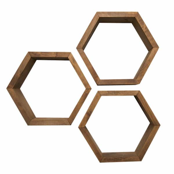 TRINITY Hexagon 4 in. x 11.75 in. x 10.13 in. Walnut Floating Wall Shelves 3-Pack