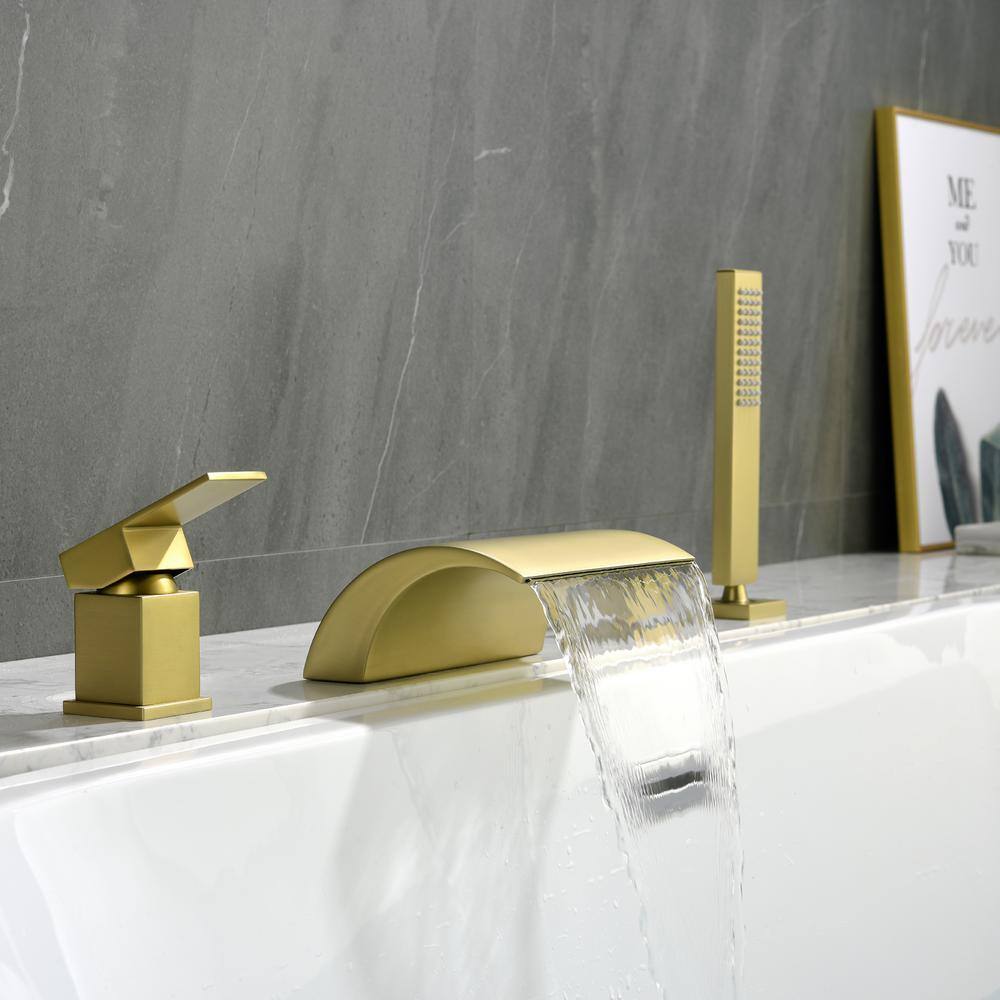 Brushed Gold Single Handle Waterfall Tub Faucet with Hand Shower