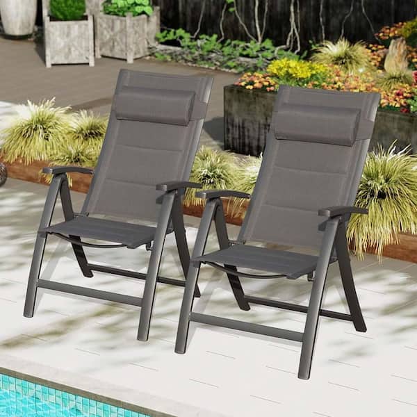 Metal Folding Lawn Chair, Patio Folding Reclining Chair Set of 2, High Back Beach Chairs, Portable Folding Camping Chair