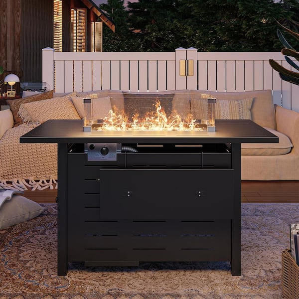 Black 45 in. Fire Pit Table with Glass Wind Guard 50000 BTU Metal Propane Outdoor Fire Pit, with Lid Lava Rock