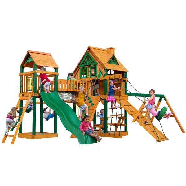 Gorilla Playsets Pioneer Peak Treehouse Wooden Swing Set with Fort Add-On, Timber Shield Posts, and Clatter Bridge and Tower