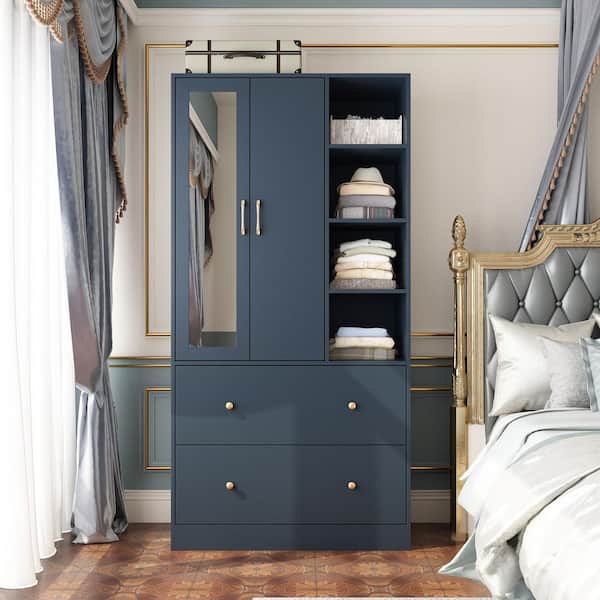 FUFU&GAGA Blue Wood 35.5 in. W Armoires Wardrobe With Mirror, Pulling Hanging Rod, Drawers, Shelves 15.8 in. D x 70.8 in. H
