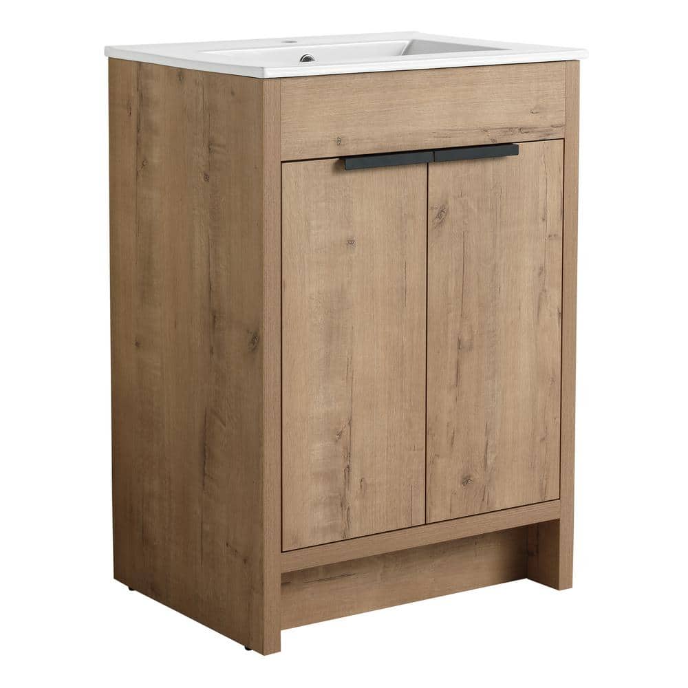 24 in. W x 18.31 in. D x 34.25 in. H Freestanding Bath Vanity in Oak with White Cultured Marble Top, Brown