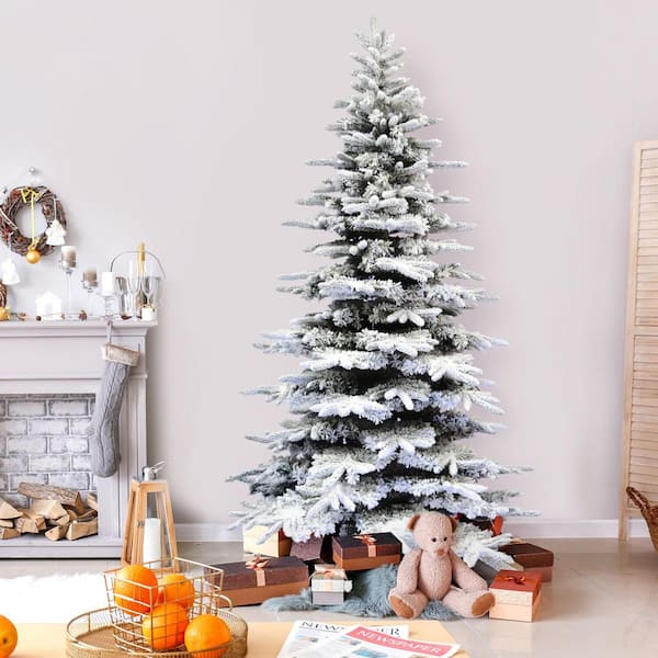 9 ft. Pine Valley Flocked Artificial Christmas Tree, w/DIY Potential w/No Lights, Metal Base, Easy to Set up