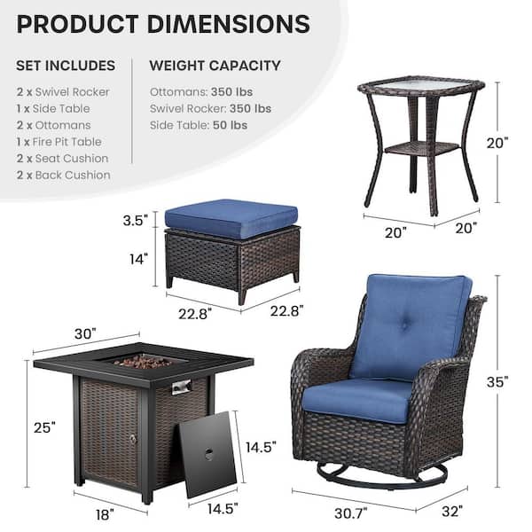 Brown Rattan Wicker 6-Piece Outdoor Patio Conversation Set with Blue Cushions, Square Fire Pit Table