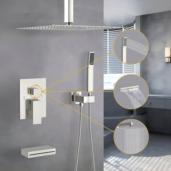 3-Spray 12 in. Tub and Shower Faucet Combo 1.8 GPM Celling Mounted Shower System in Brushed Nickel