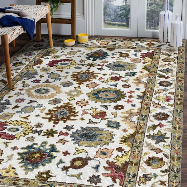 Jackson 5 x 8 Ivory Traditional Pattern Area Rug for High Traffic Living Room Dining Room Bedroom