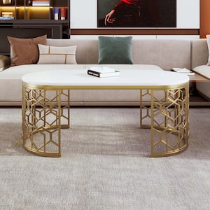 47.2 in. White/Gold Oval MDF Coffee Table with Cut-Out Pattern Metal Stainless Steel Frame