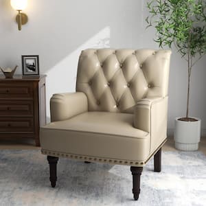 Modern Vintage Nailhead Trim Beige PU Upholstered Accent Armchair With Solid Wood Legs (Set of 1)