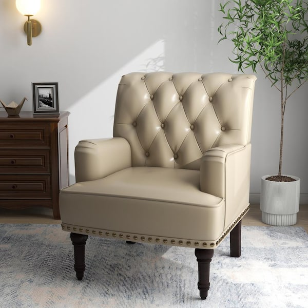 Uixe Modern Vintage Nailhead Trim Beige PU Upholstered Accent Armchair With Solid Wood Legs (Set of 1)