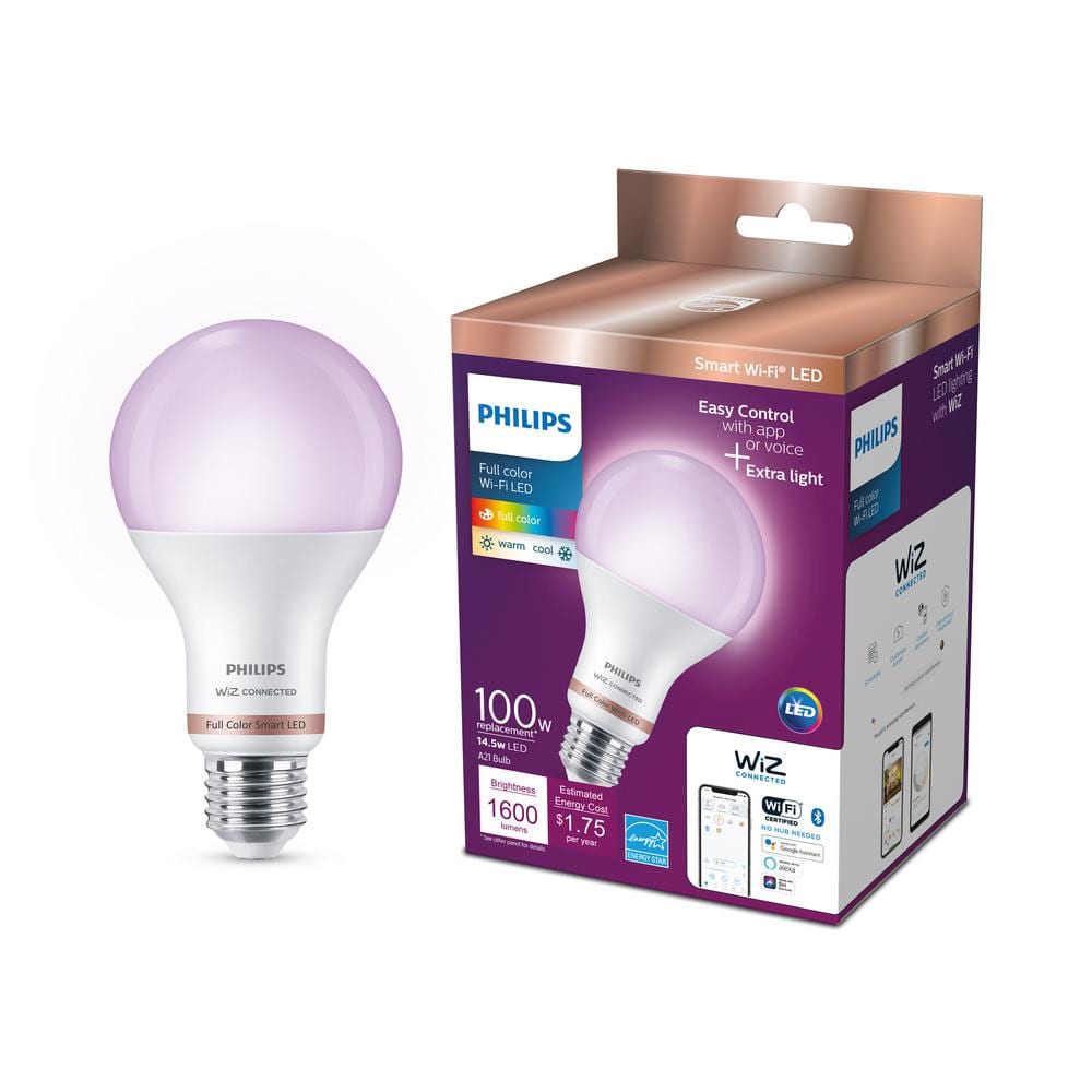 Philips 562405 100 Watt Equivalent A21 LED Smart Wi Fi Color Changing 2700 K Light Bulb Powered by Wiz with Bluetooth 2 Pack