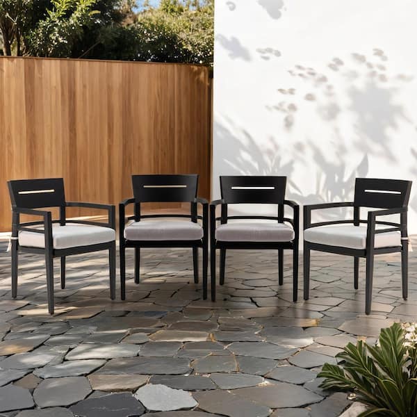 Mondawe Black Aluminum Frame Outdoor Patio Ergonomic Dining Chair with Light Gray Cushions (4-Pack)