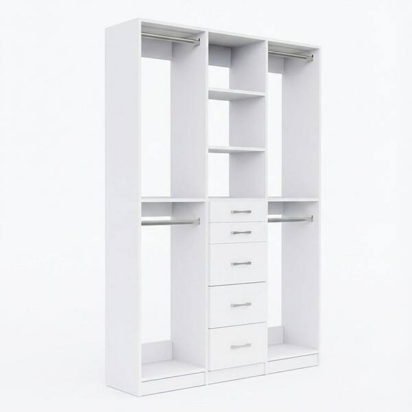 Alto Collection 72 in. W White Wall Mounted 2-Double Hang, Shelf and 5-Drawer Closet Kit Wood Closet System