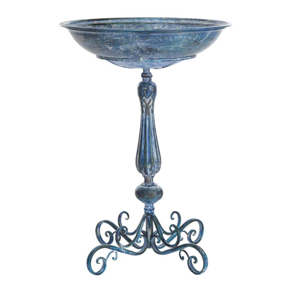 Victorian Mossy Blue Iron Birdbath with Scrollwork