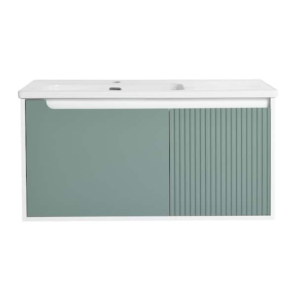 JimsMaison 40 in. W x 19.9 in. D x 20.1 in. H Single Sink Wall Mounted Bath Vanity in Mint Green with White Ceramic Top