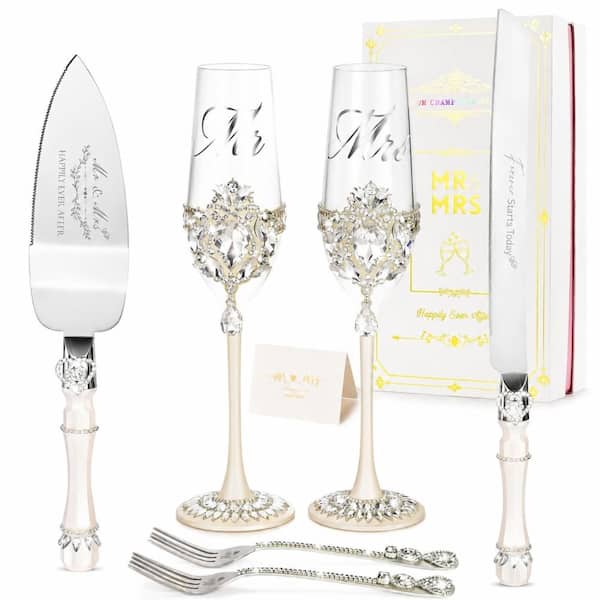 Wedding Cake Knife and Server Set with Crystal Champagne Flutes Silver Rhinestone Petal Design Gift Box