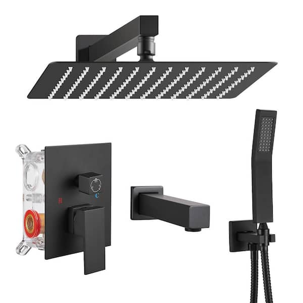 Zalerock Rainfall Single Handle 2-Spray Shower Faucet 2.2 GPM with Pressure Balance, Tub in Matte Black (Valve Included)