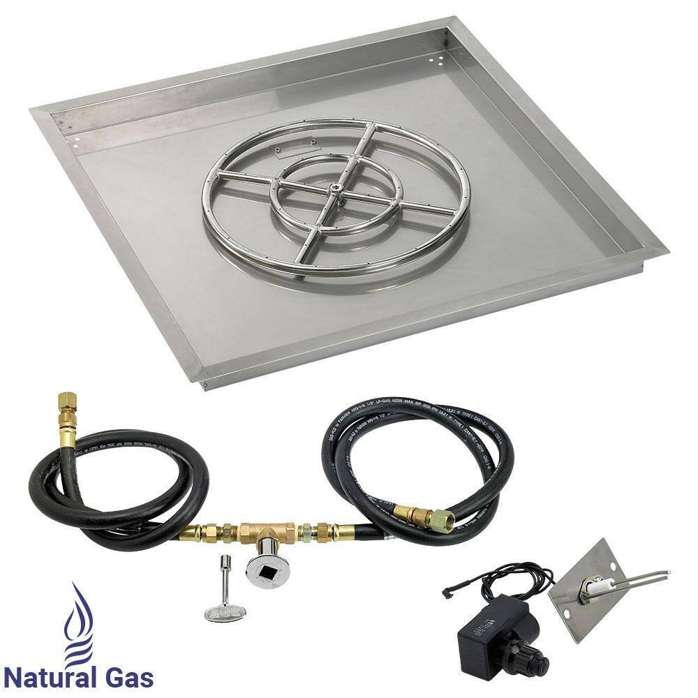American Fire Glass 30 in. sq. Stainless Steel Drop-In Pan with Spark Ignition Kit (18 in. Fire Pit Ring) Natural Gas, Silver -  SS-SQPKIT-N-30