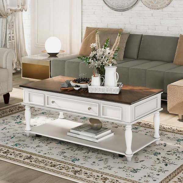aisword Antique White 2-Tone Retro Table Coffee Table Easy Assembly with Caster Wheels Livingroom WF28152PBH9AAK The Home Depot