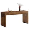 Rustic brown rectangular bar table with slatted sides on a plain background.